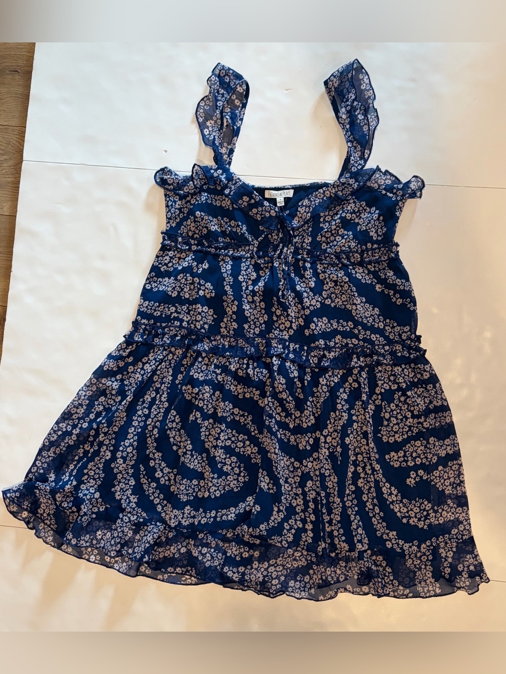 Patrons of Peace Navy Blue Floral Tiered Ruffle Babydoll Mini Dress Boho - Sz S